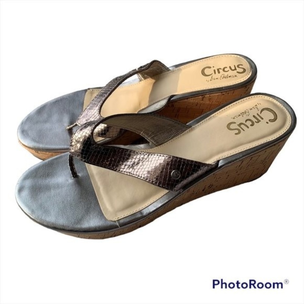 Circus by Sam Edelman Silver Raquel Flip Flop Thong Cork Wedge Sandals Size 11